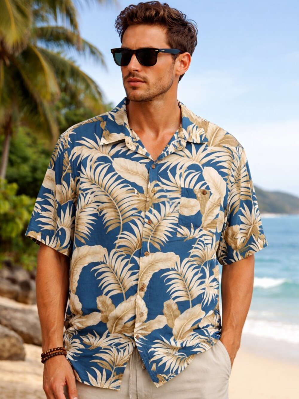 Vintage Hawaiian Aloha Shirt Mens M Blue Tropical Floral Camp Casual Beach